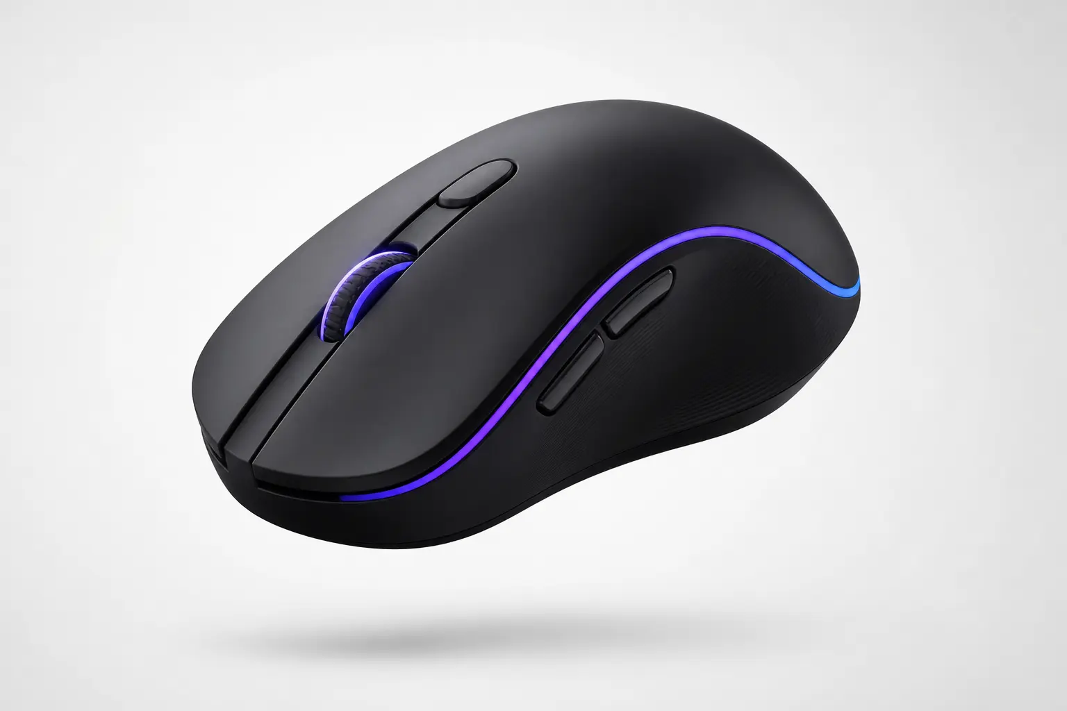 Mouse ergonômico moderno com iluminação em tons roxo e azul, representando tecnologia e periféricos digitais
